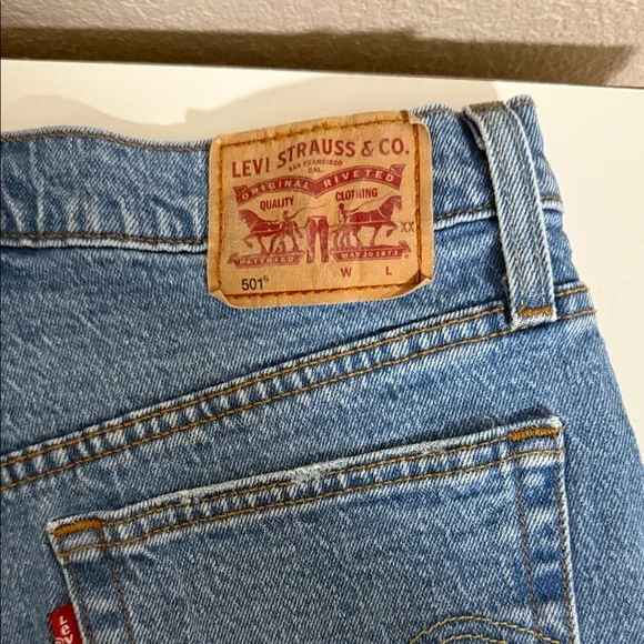 Levi's 501 Blue Distressed Jean Shorts - Picture 3 of 7